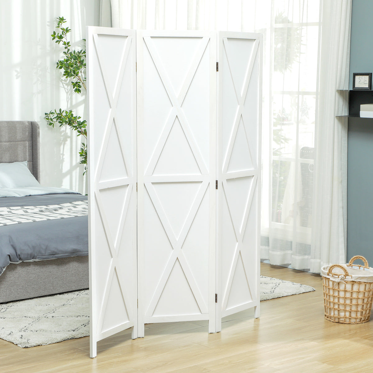 4-panel Wall Partition Farmhouse Room Separator with Foldable Design Wooden Frame 5.6FT, Walnut – view 20