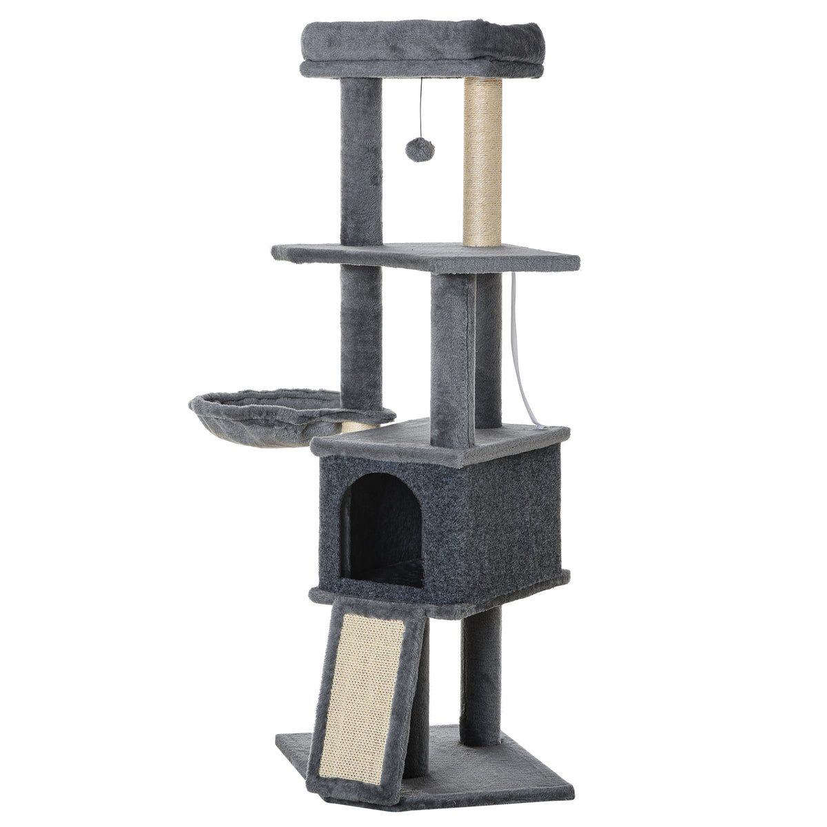 50 Inch Cat Tree, Multi-Level Cat Tower with Sisal Scratching Posts and Ramp, Bed, Condo, Hammock, Toy Ball, Grey