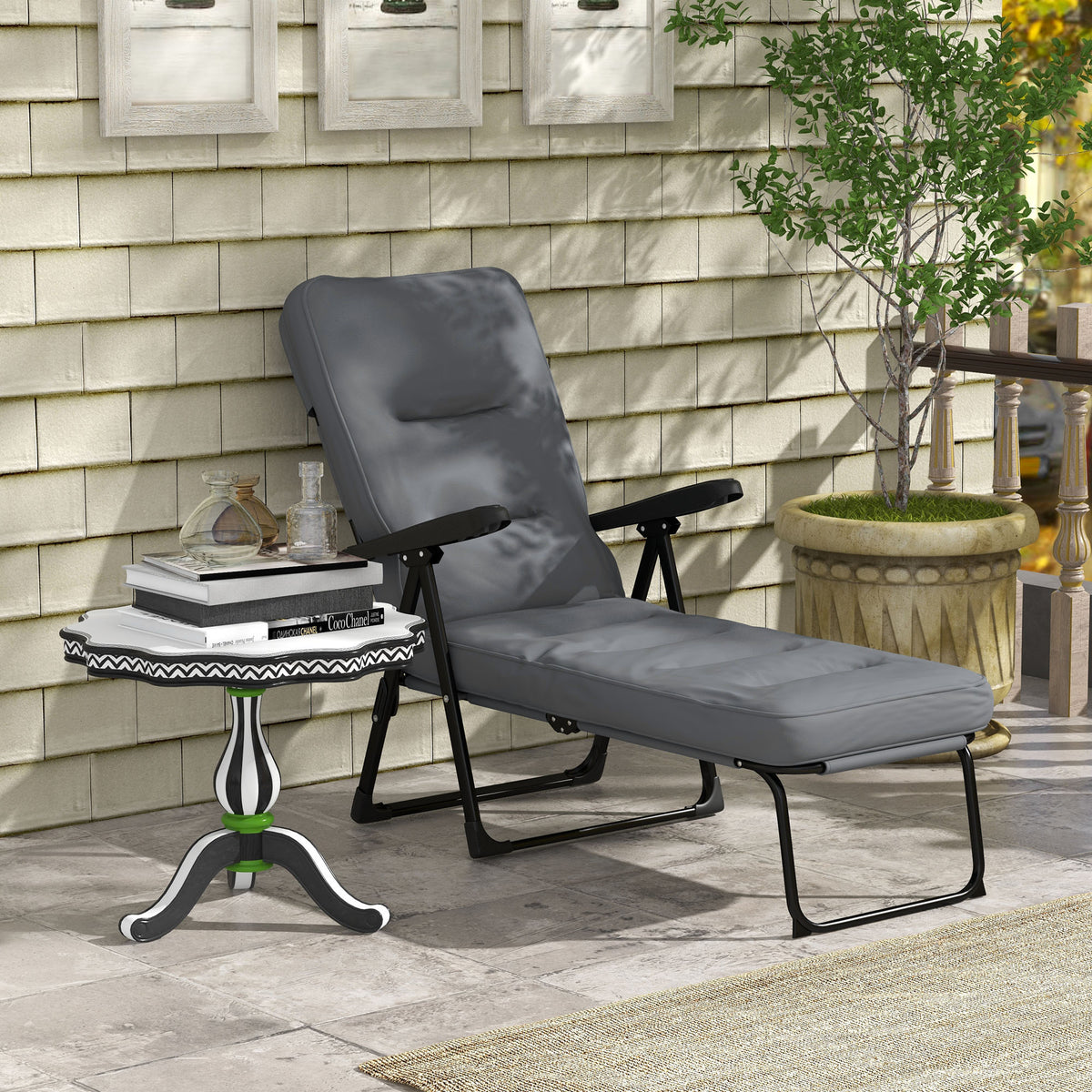 Outdoor Lounge Chair with Padded Cushion, Folding Reclining Patio Garden Chair with Recline Back, Footrest – view 13