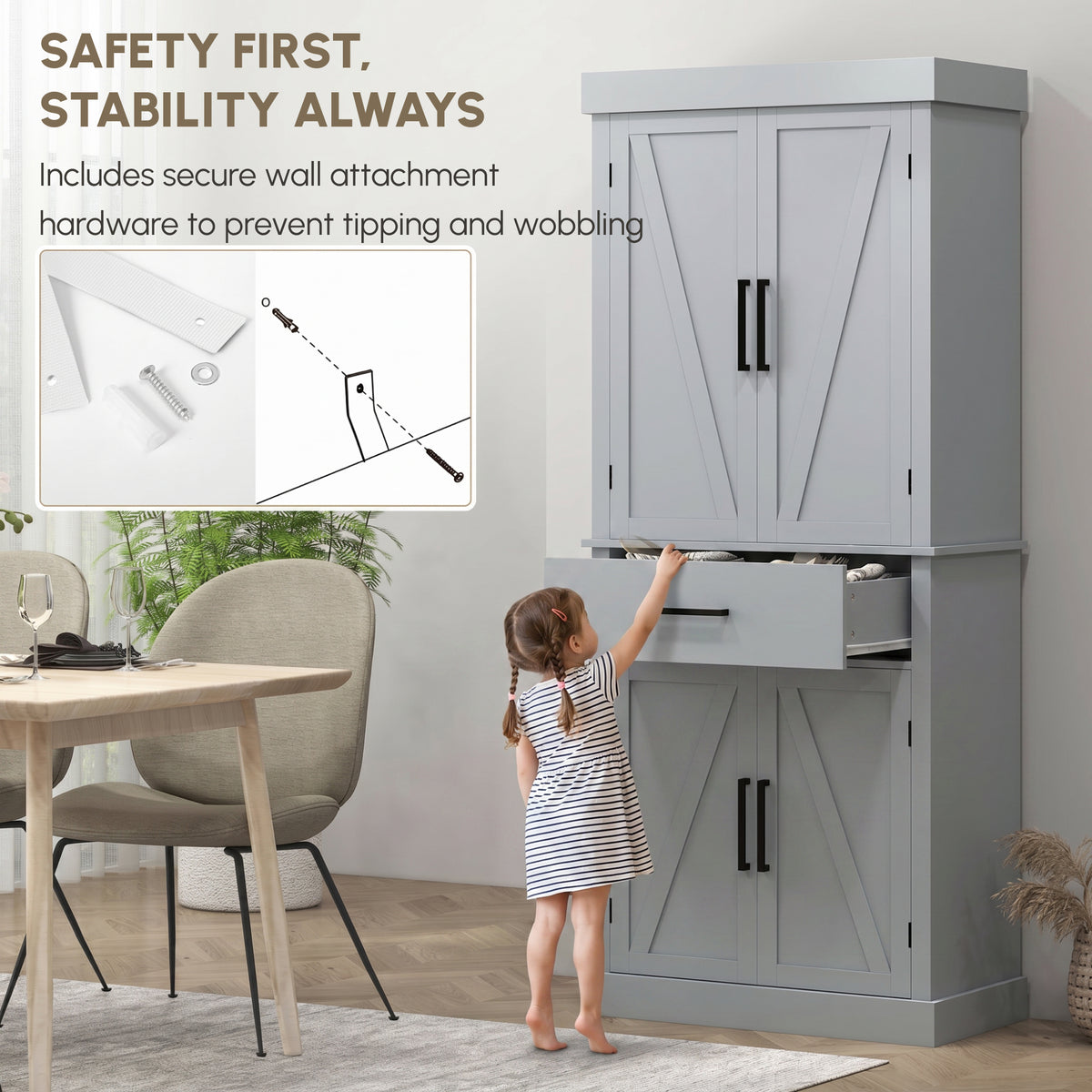 72" Kitchen Storage Cabinet, Farmhouse Kitchen Pantry Cabinet with 4 Barn Doors, Drawer – view 13