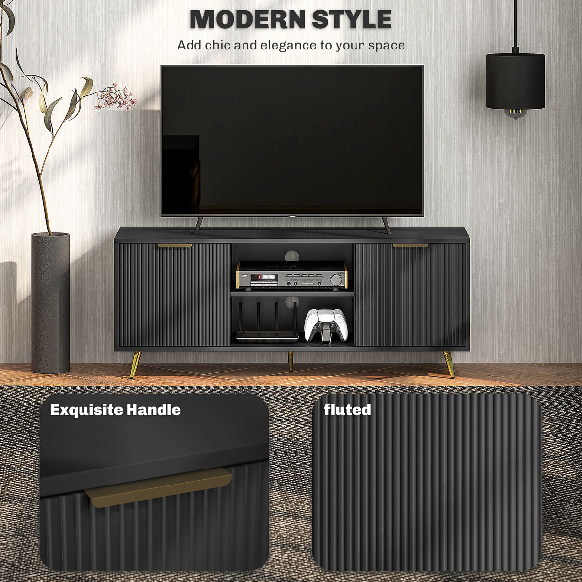 TV Stand with Storage for 55 Inch TV, Modern TV Cabinet with 2 Open Shelves and 2 Cabinets for Living Room – view 3