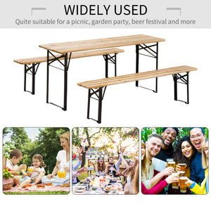 3 Pieces Folding Picnic Table Set, Portable Folding Picnic Table and Benches with Steel Frame for Garden, Park, Natural Wood
