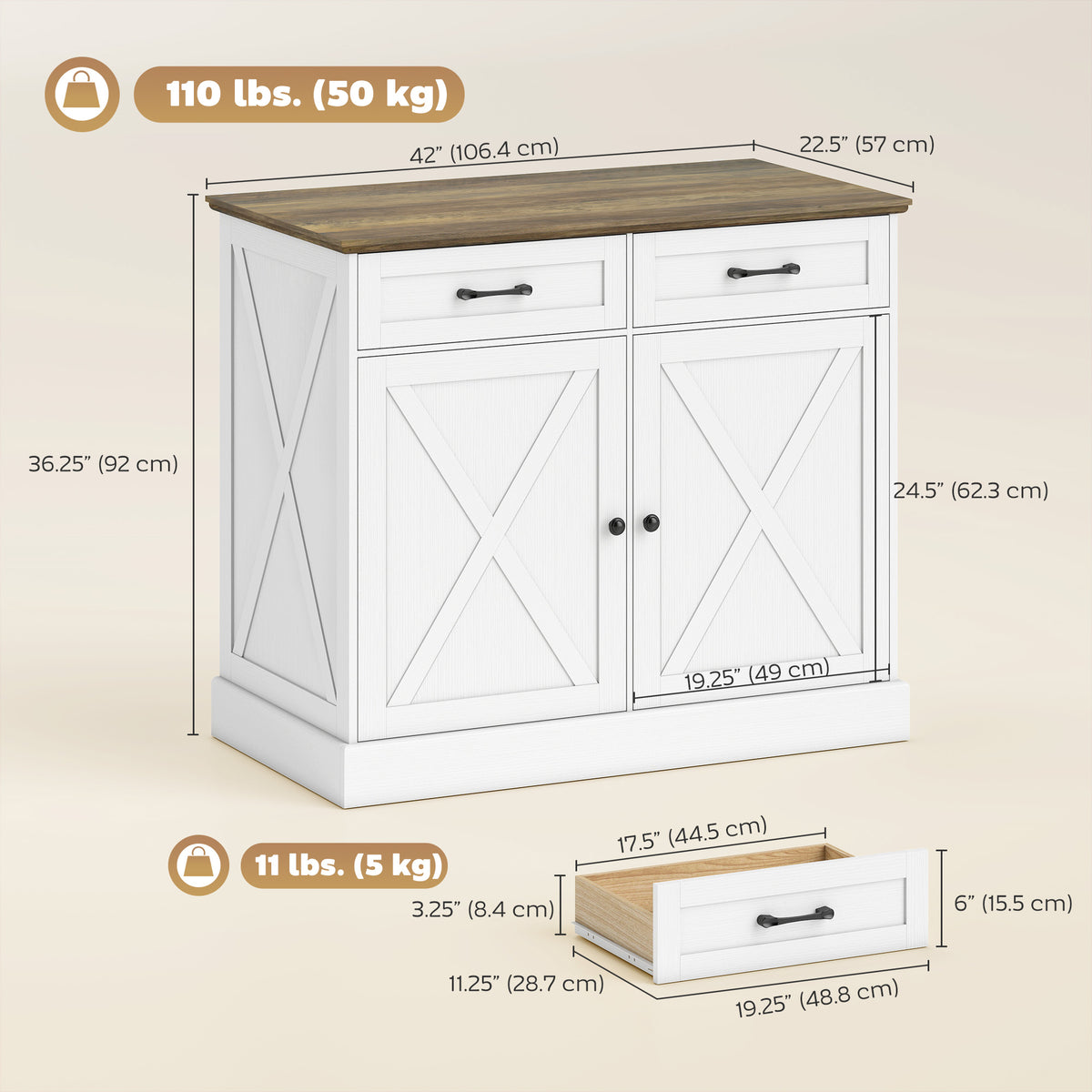 Kitchen Island with Sitting Space, Sideboard Cabinet with 2 Drawers and 2 Adjustable Shelves for Dining Room, White
