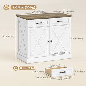 Kitchen Island with Sitting Space, Sideboard Cabinet with 2 Drawers and 2 Adjustable Shelves for Dining Room, White