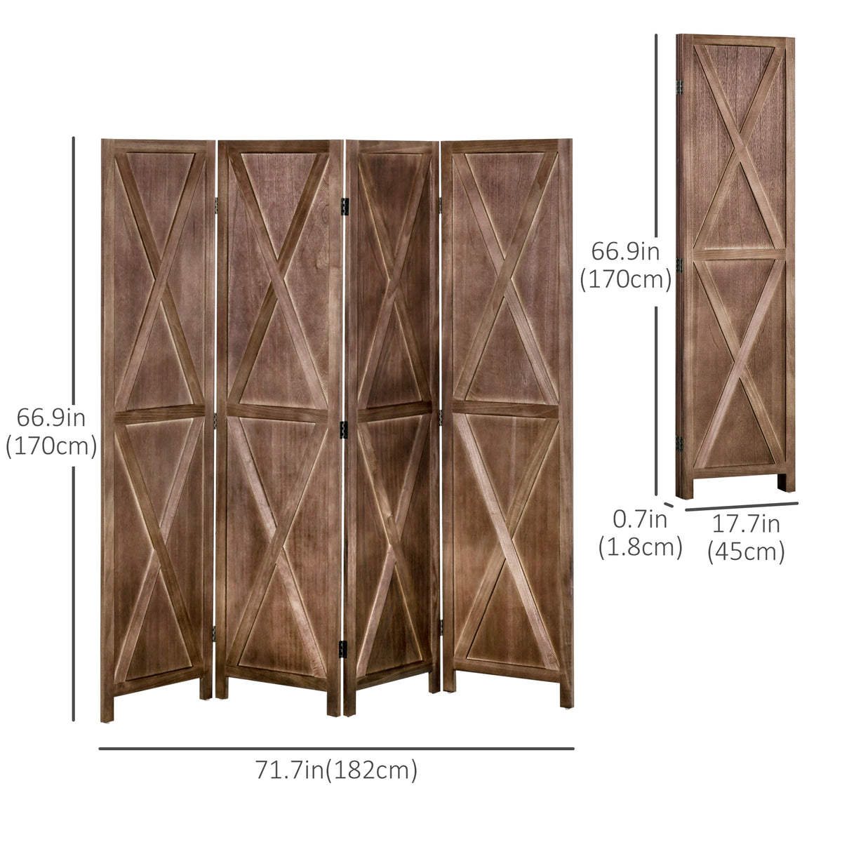 4-panel Wall Partition Farmhouse Room Separator with Foldable Design Wooden Frame 5.6FT, Walnut – view 2