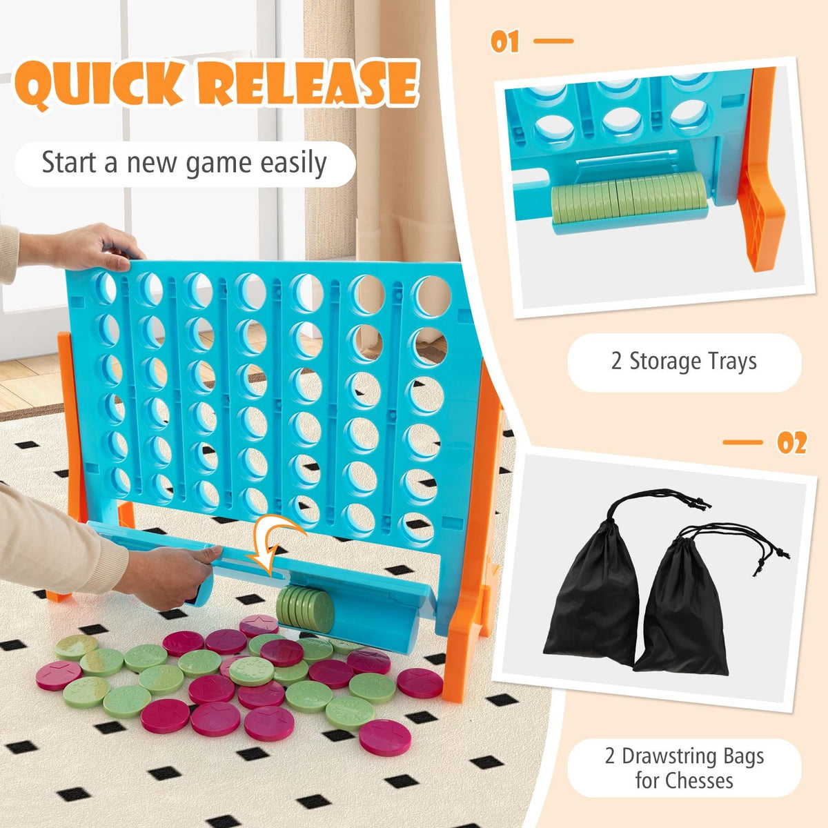 Jumbo 4-to-Score Connect Game Set with Carrying Bag and 42 Coins-Orange view 9