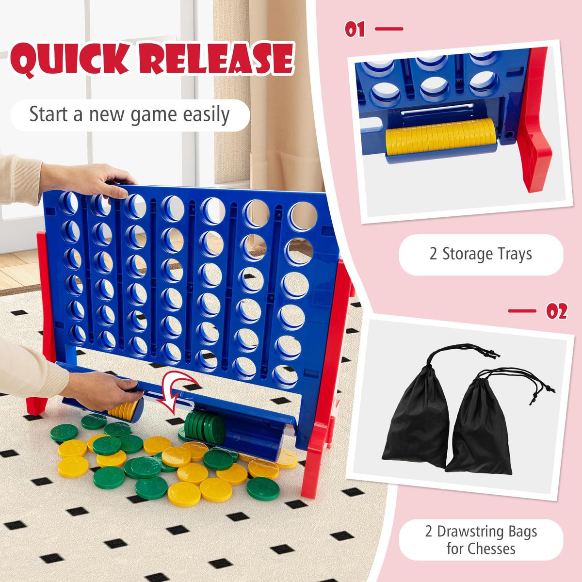 Jumbo 4-to-Score Connect Game Set with Carrying Bag and 42 Coins-Red view 9