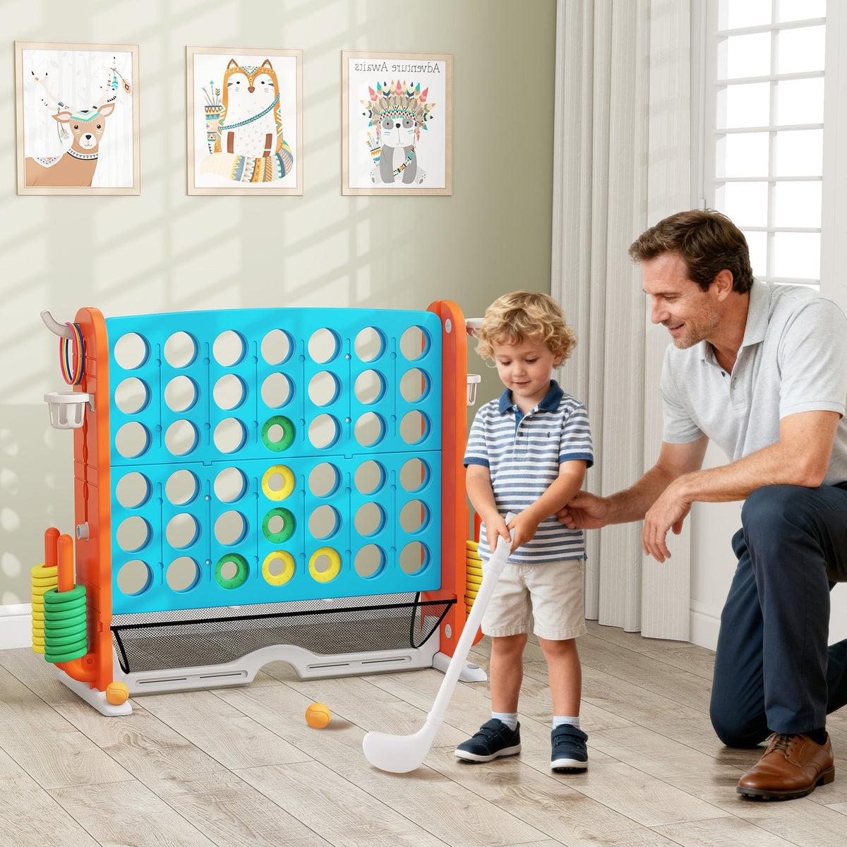 Jumbo 4-to-Score Game with Ring-toss and Basketball Hoop-Blue & Orange view 2
