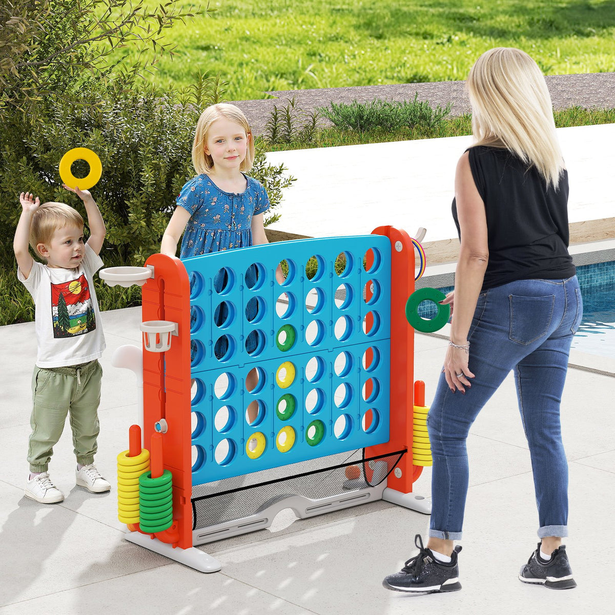 Jumbo 4-to-Score Game with Ring-toss and Basketball Hoop-Blue & Orange view 3