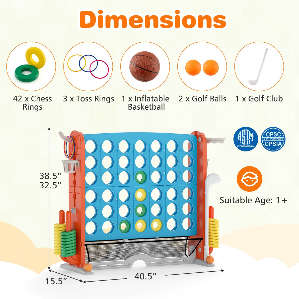 Jumbo 4-to-Score Game with Ring-toss and Basketball Hoop-Blue & Orange view 5
