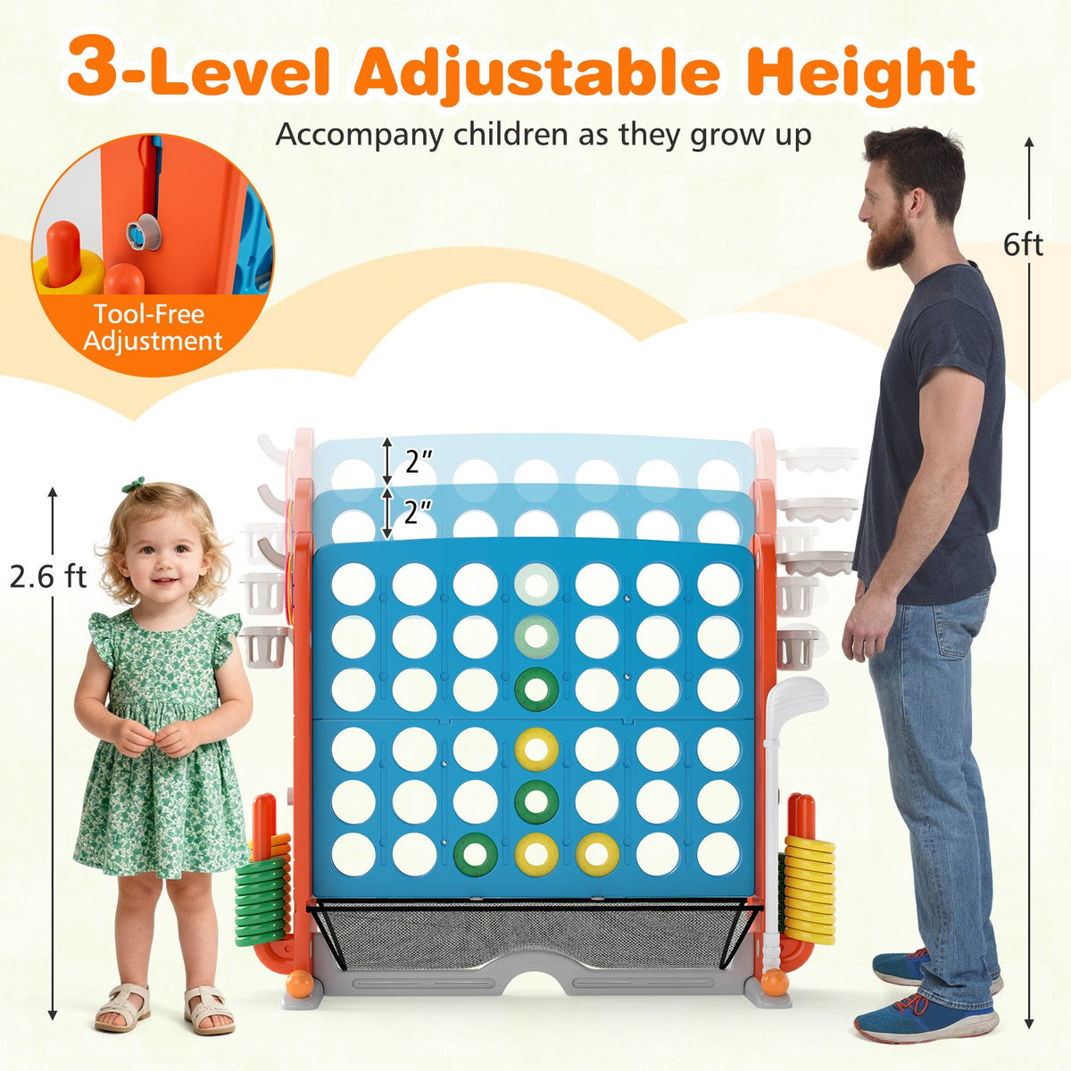 Jumbo 4-to-Score Game with Ring-toss and Basketball Hoop-Blue & Orange view 9