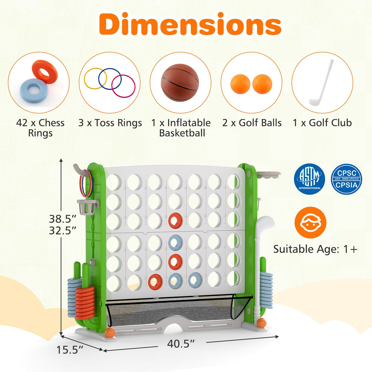 Jumbo 4-to-Score Game with Ring-toss and Basketball Hoop-Green view 5