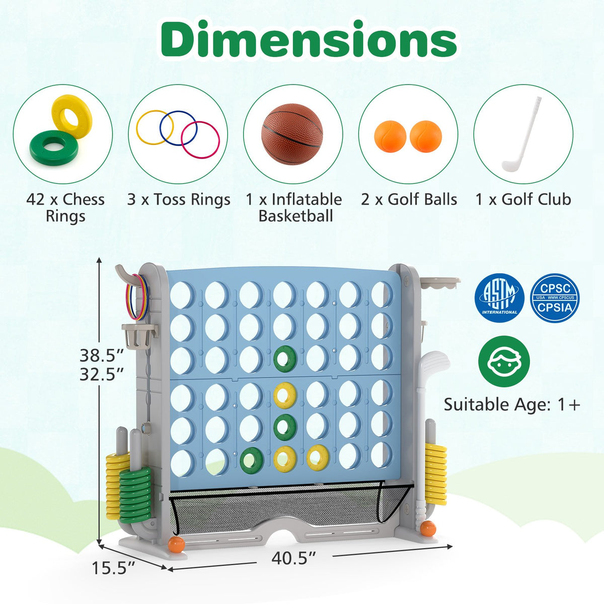 Jumbo 4-to-Score Game with Ring-toss and Basketball Hoop-Light Blue view 5