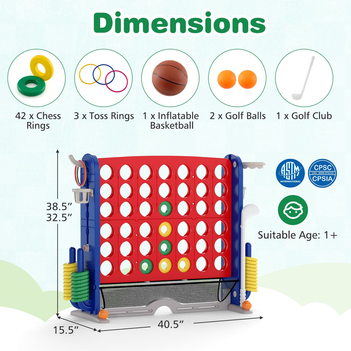 Jumbo 4-to-Score Game with Ring-toss and Basketball Hoop-Red view 5