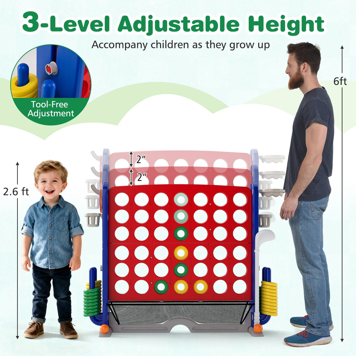 Jumbo 4-to-Score Game with Ring-toss and Basketball Hoop-Red view 6