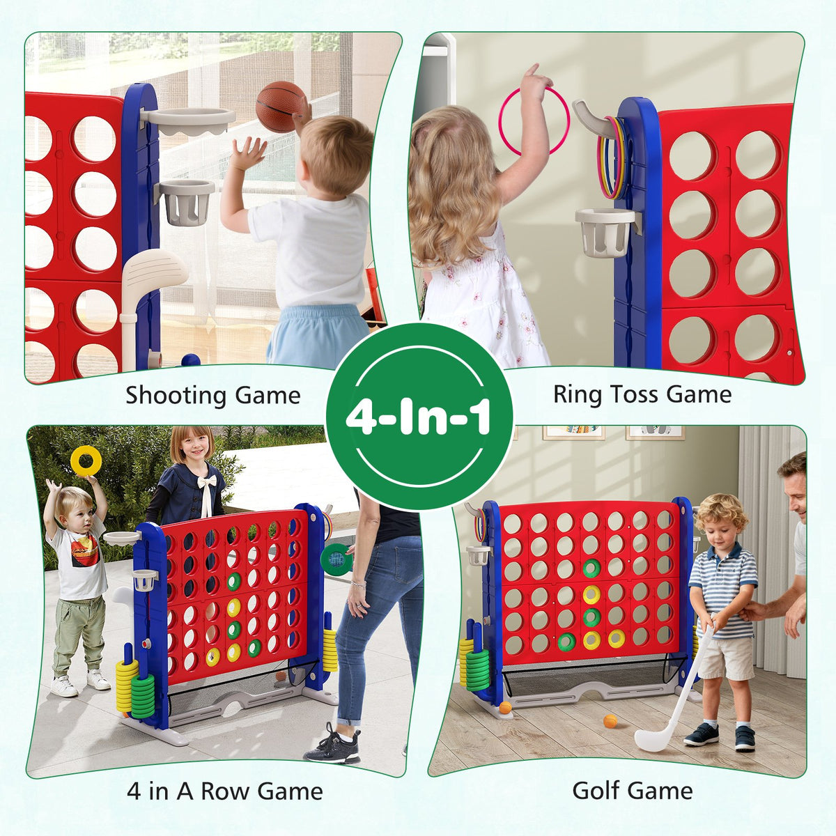 Jumbo 4-to-Score Game with Ring-toss and Basketball Hoop-Red view 8
