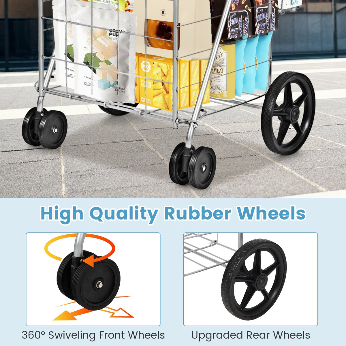 Folding Shopping Cart for Laundry with Swiveling Wheels and Dual Storage Baskets-Sliver view 8