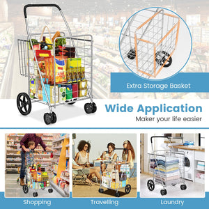 Folding Shopping Cart for Laundry with Swiveling Wheels and Dual Storage Baskets-Sliver view 9