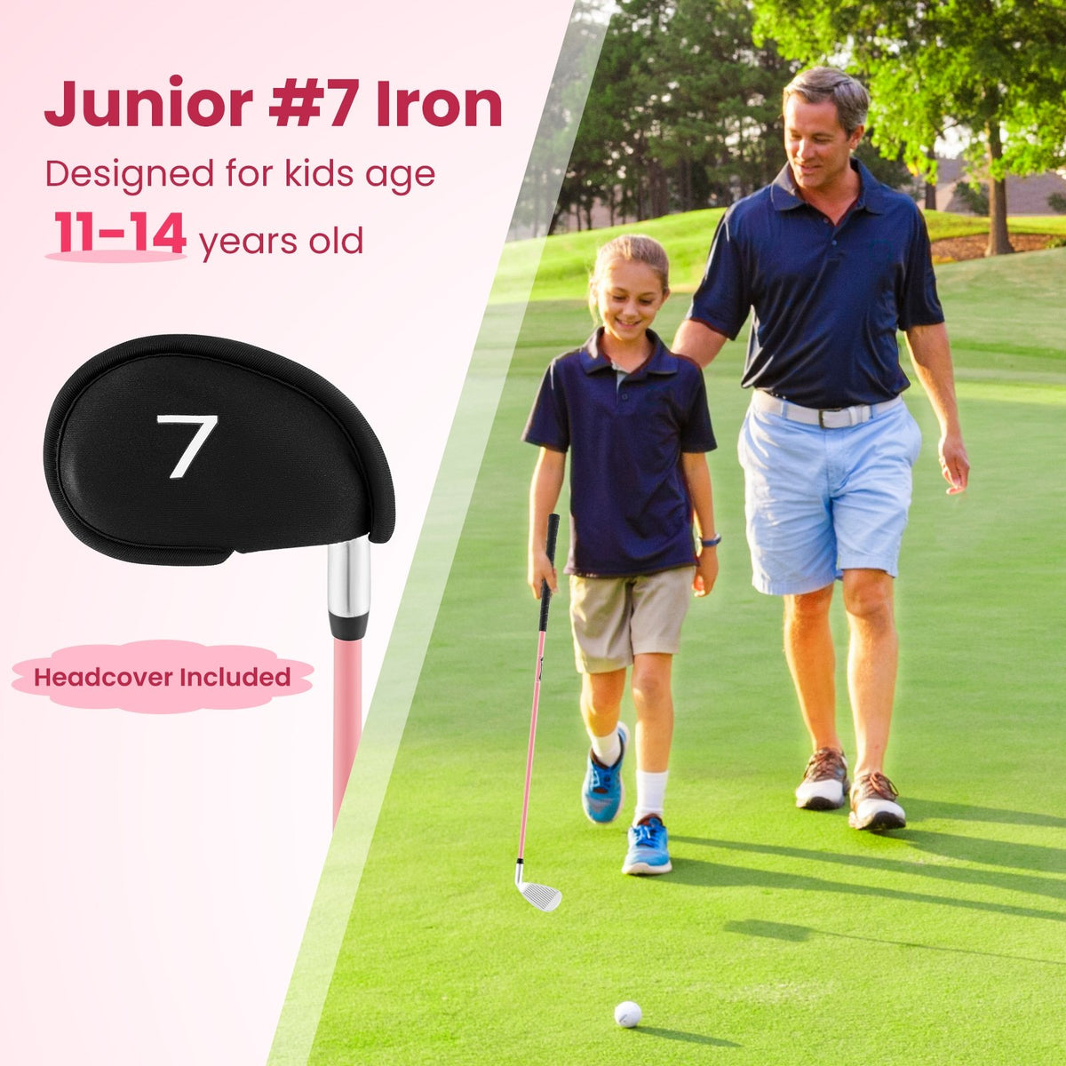 Junior #7 Iron for Kids with Fiberglass Shaft and Headcover-Pink view 8