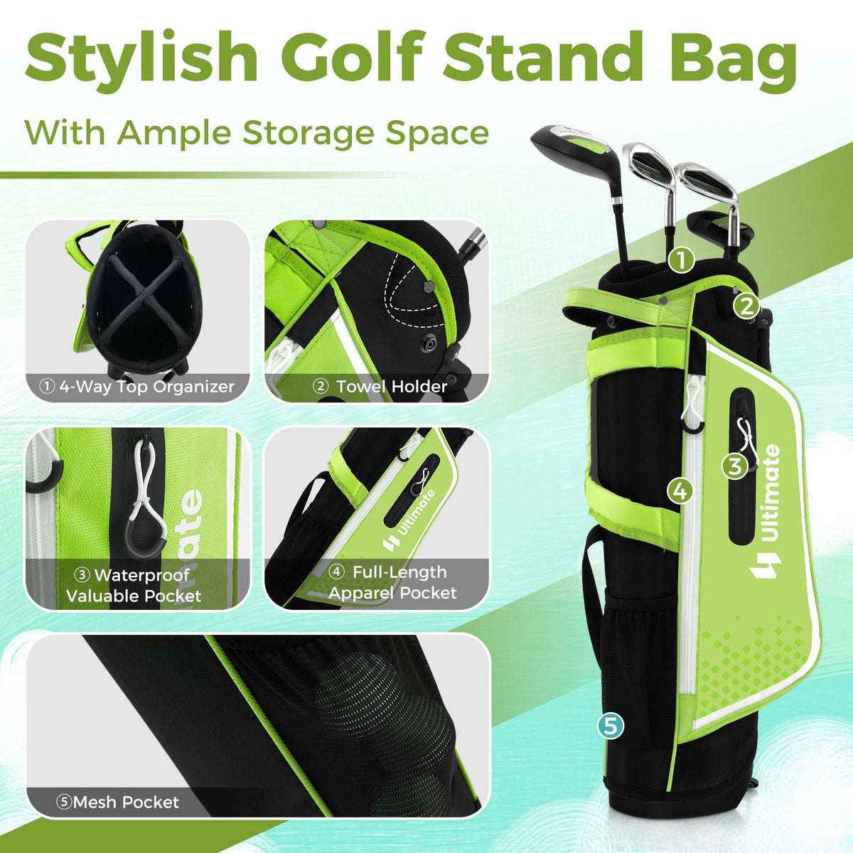 Junior Complete Golf Club Set Right Hand with Rain Hood for Kids-Green view 9