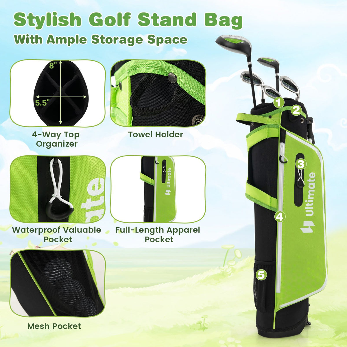 Junior Complete Golf Club Set with Stand Bag Rain Hood-Green view 5