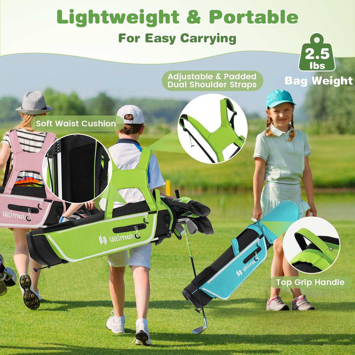 Junior Complete Golf Club Set with Stand Bag Rain Hood-Green view 6