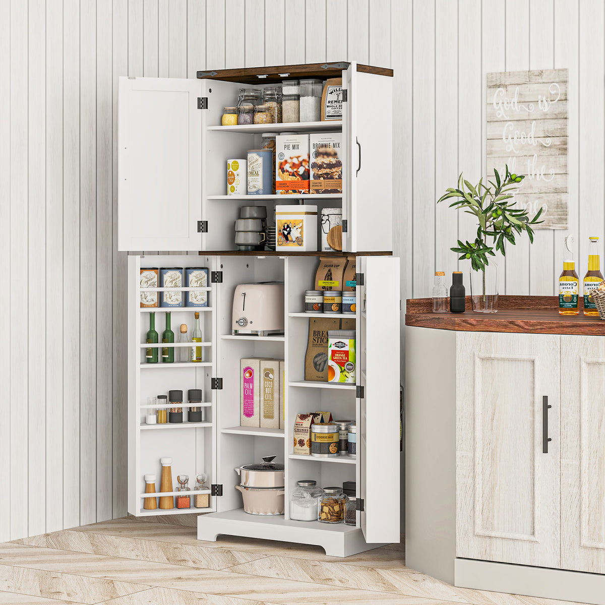 64" Tall Kitchen Pantry Cabinet with Spice Racks and Adjustable Shelves, Black Wood Grain