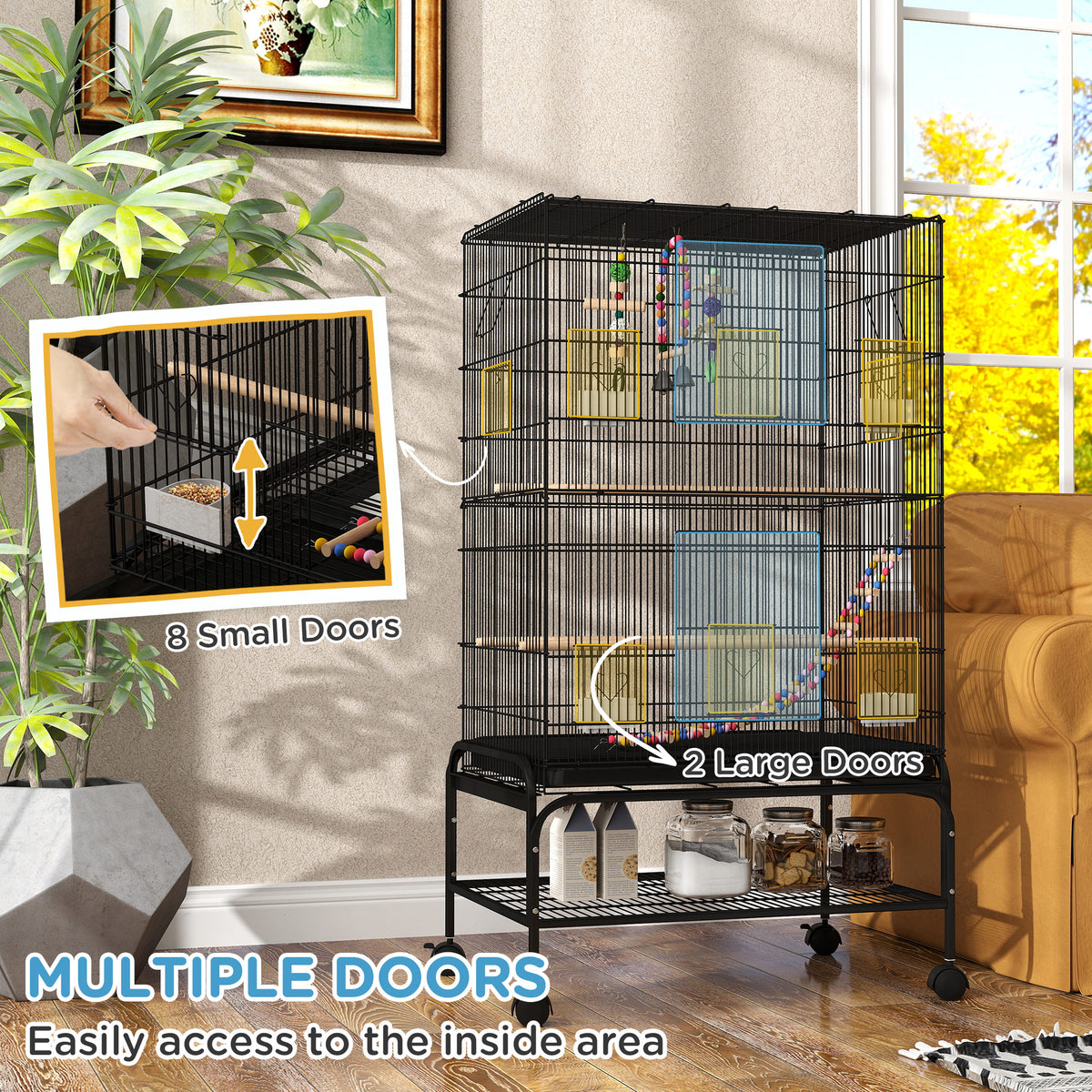 52" Bird Cage with Rolling Stand, Toys, for Budgies Canaries Black – view 17