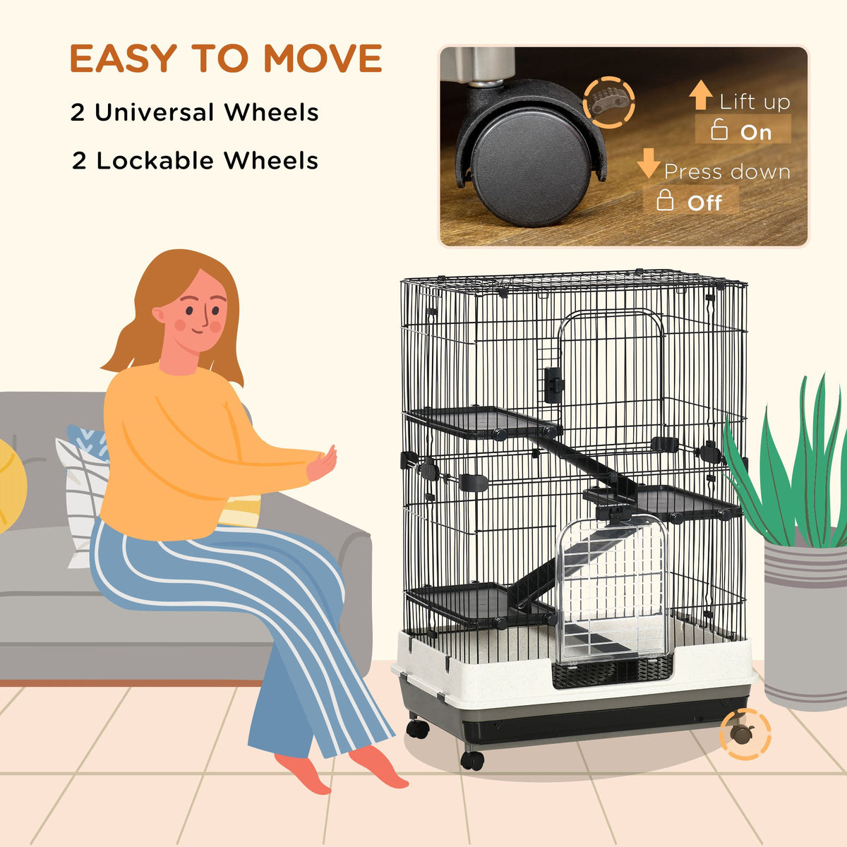45"H Guinea Pig Cage, 4-Level Rabbit Cage for Ferret, Chinchilla, Hedghog, Bunny, Small Animal Habitat with Wheels, Slide-out Tray, Ramp, Black