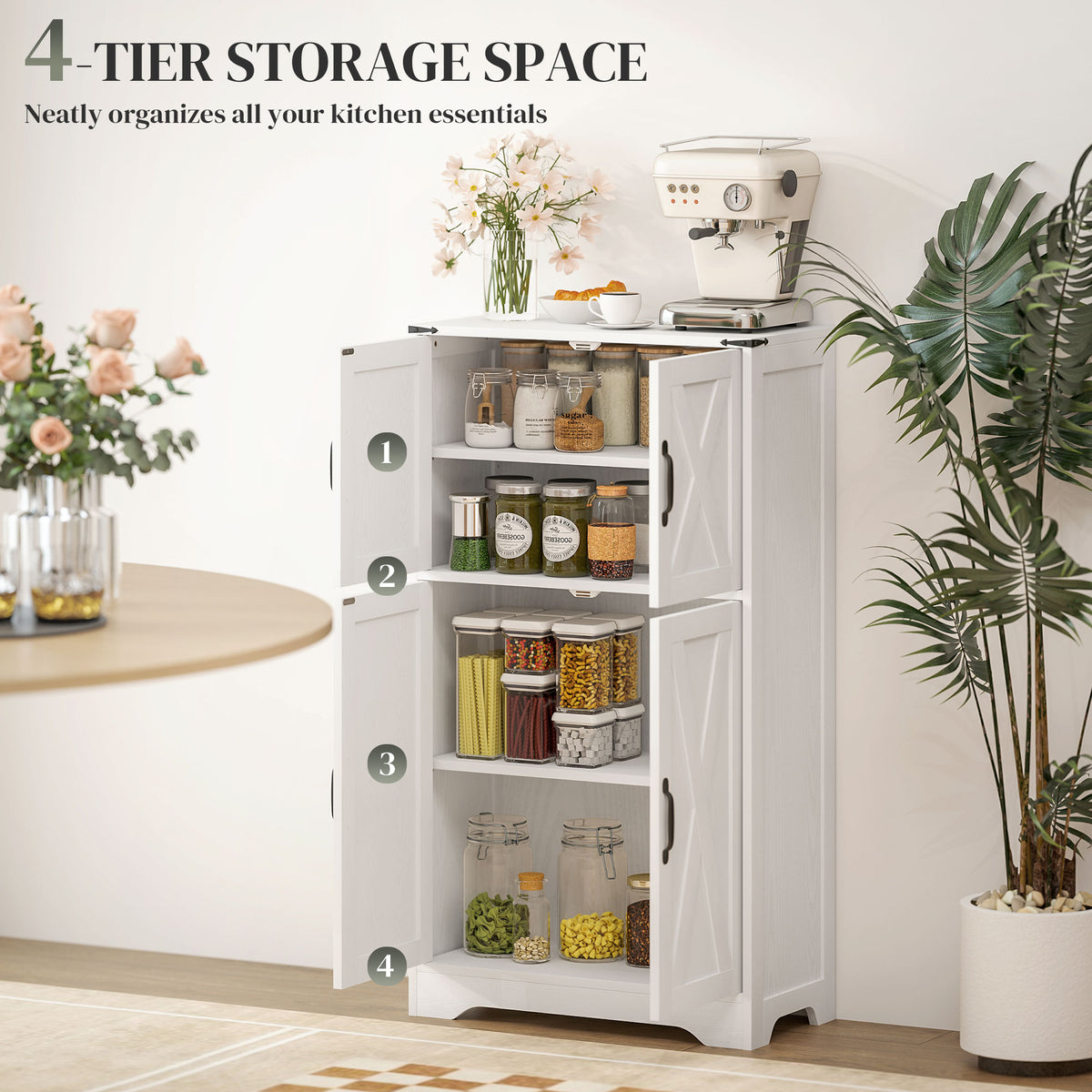 Farmhouse Kitchen Pantry, Freestanding Kitchen Pantry Storage Cabinet with Barn Doors and Adjustable Shelves, White