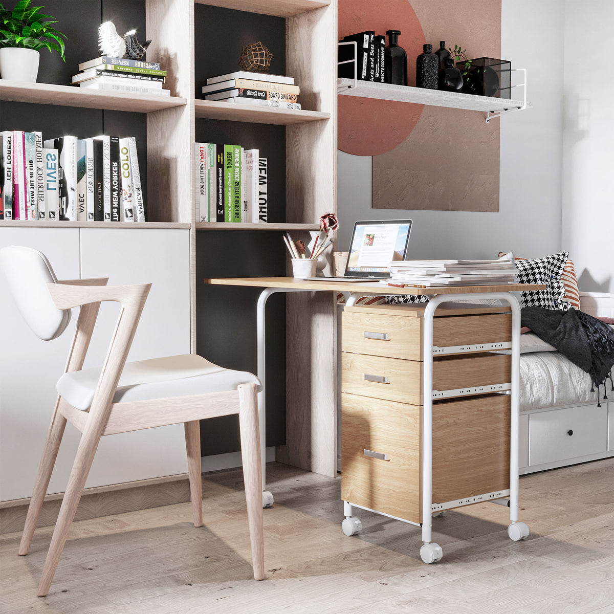 Foldable Computer Desk with Drawers, Executive Student Table with Storage Shelf, 6 Wheels for Bedroom Home Office Workstation, Natural