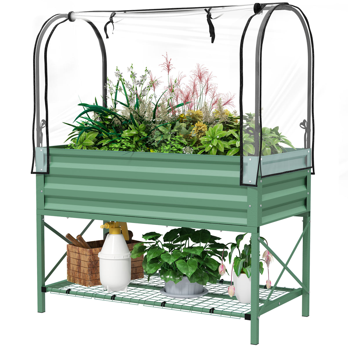 Raised Garden Bed with Cover, Metal Elevated Planter Box with Bottom Shelf and Liner, Black – view 22