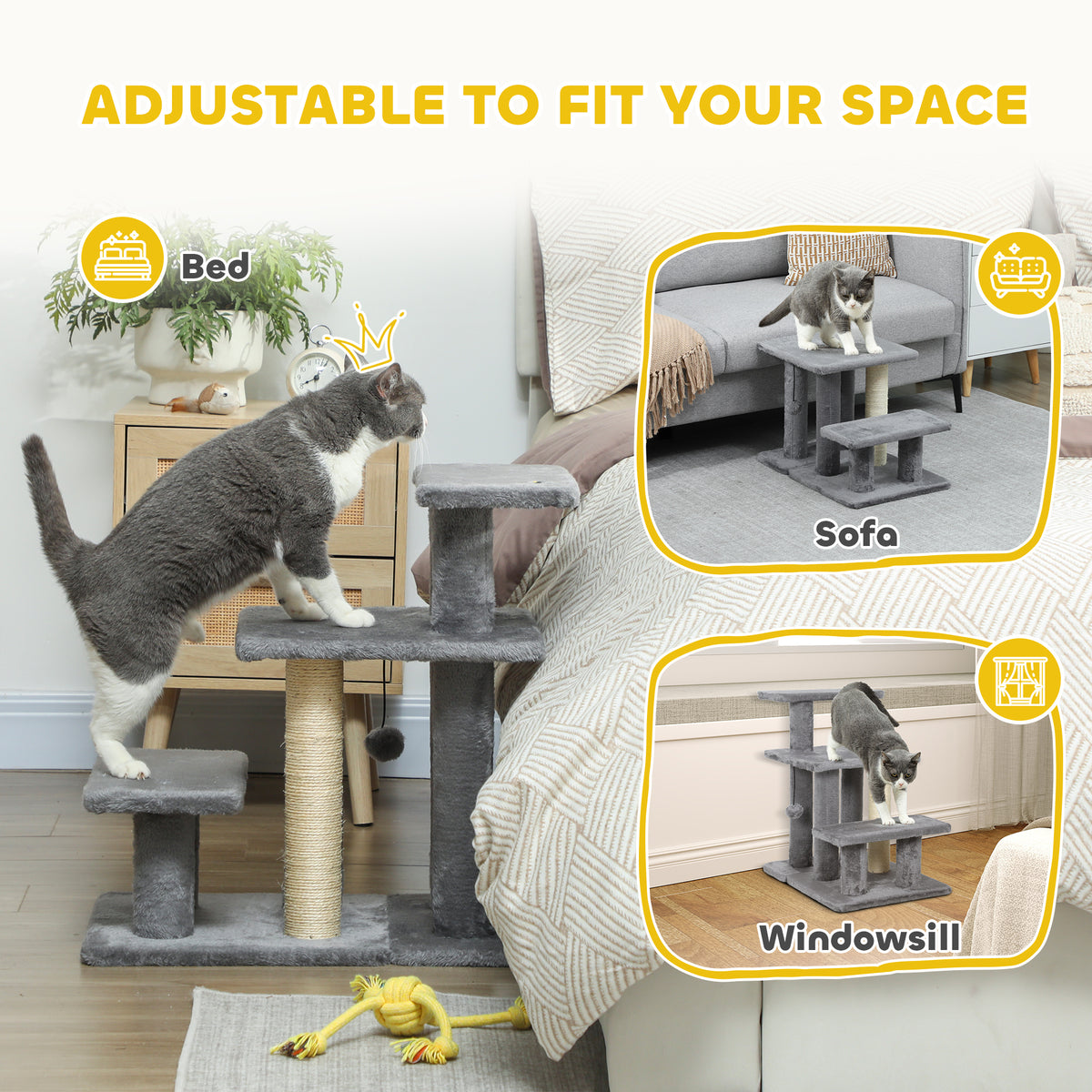 Cat Stairs with Sisal Scratching Post for High Bed Couch, Adjustable 3-Tier Pet Stairs, Grey
