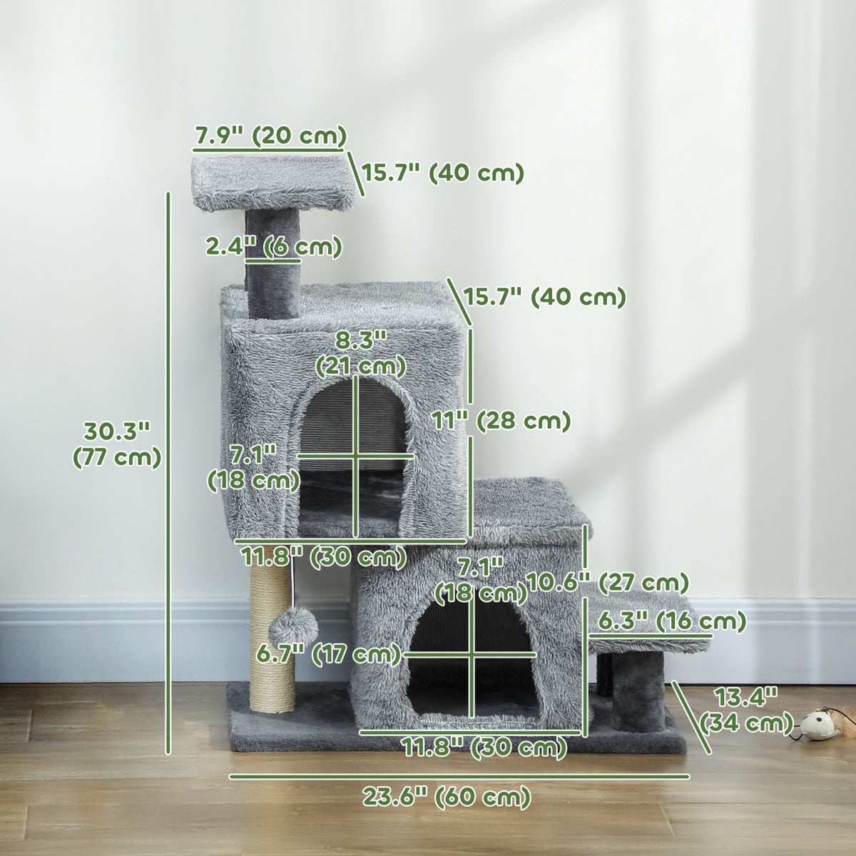 4-Step Pet Stairs, Adjustable Height Cat Stairs with Scratching Posts Cat Condo, Hanging Ball for High Bed, Grey