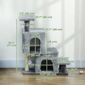 4-Step Pet Stairs, Adjustable Height Cat Stairs with Scratching Posts Cat Condo, Hanging Ball for High Bed, Grey