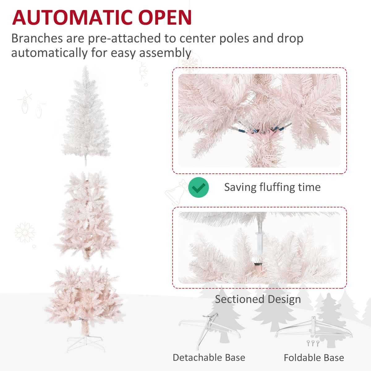 6ft Pencil Artificial Christmas Tree with Pine Realistic Branches, Auto Open, Pink and White