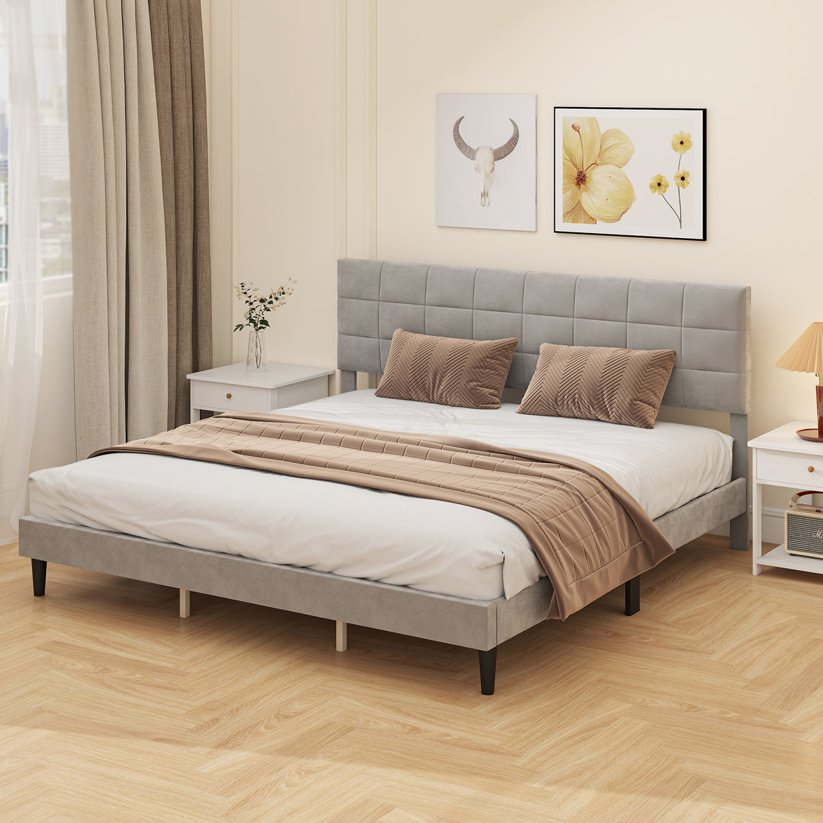 Queen Size Bed Frame with Upholstered Headboard, Modern Platform Bed Frame with Wood Slats, 1100 lbs Capacity, Cream