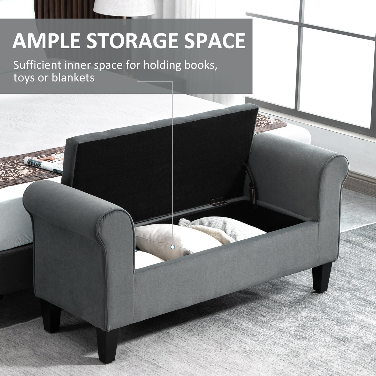 Button Tufted Storage Ottoman Bench, End of Bed Bench with Rolled Arms, Storage Chest for Living Room, Entryway, Grey
