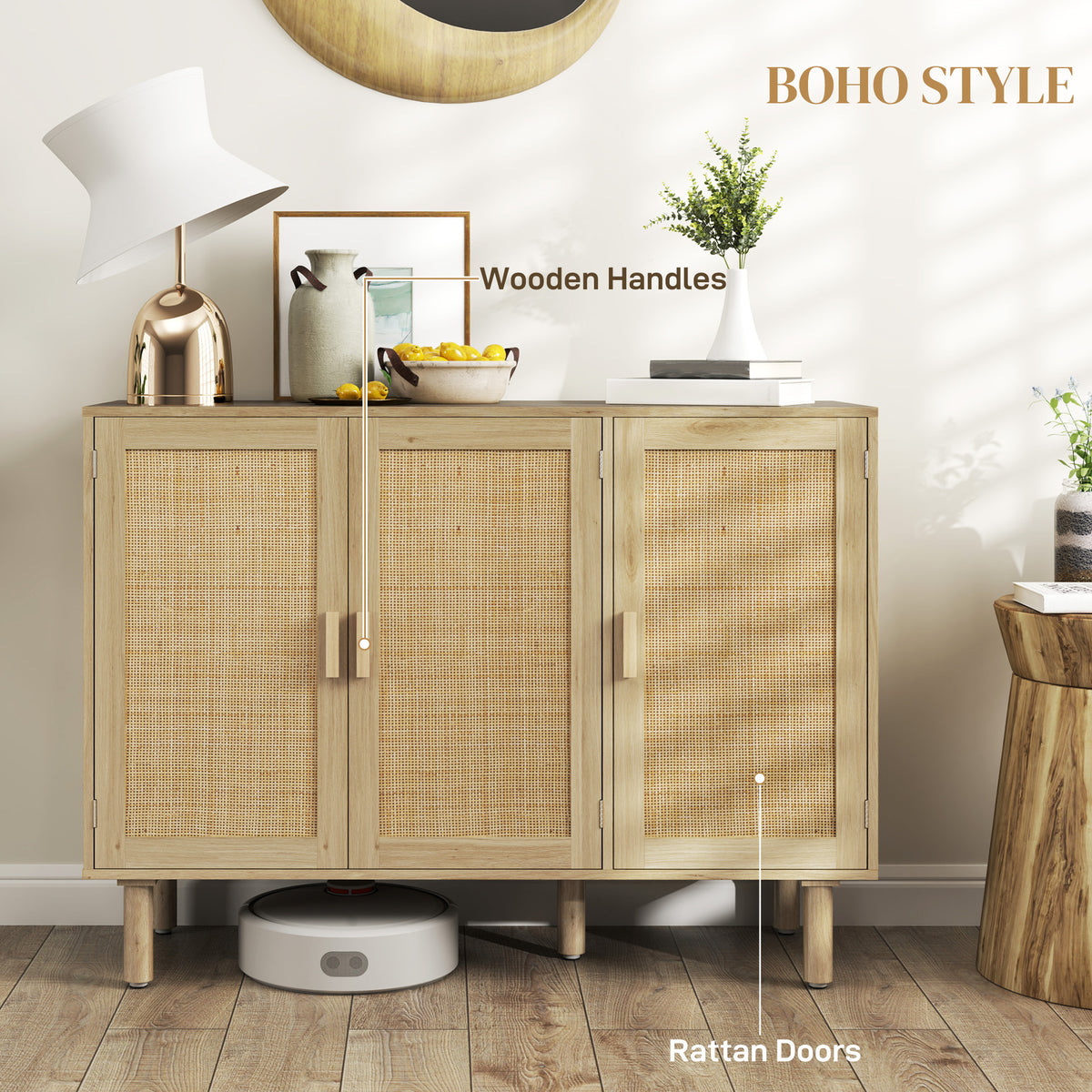 Bohemian Sideboard, 46.9" Buffet Cabinet with 3 Rattan Doors and Shelves for Living Room, Hallway, Oak