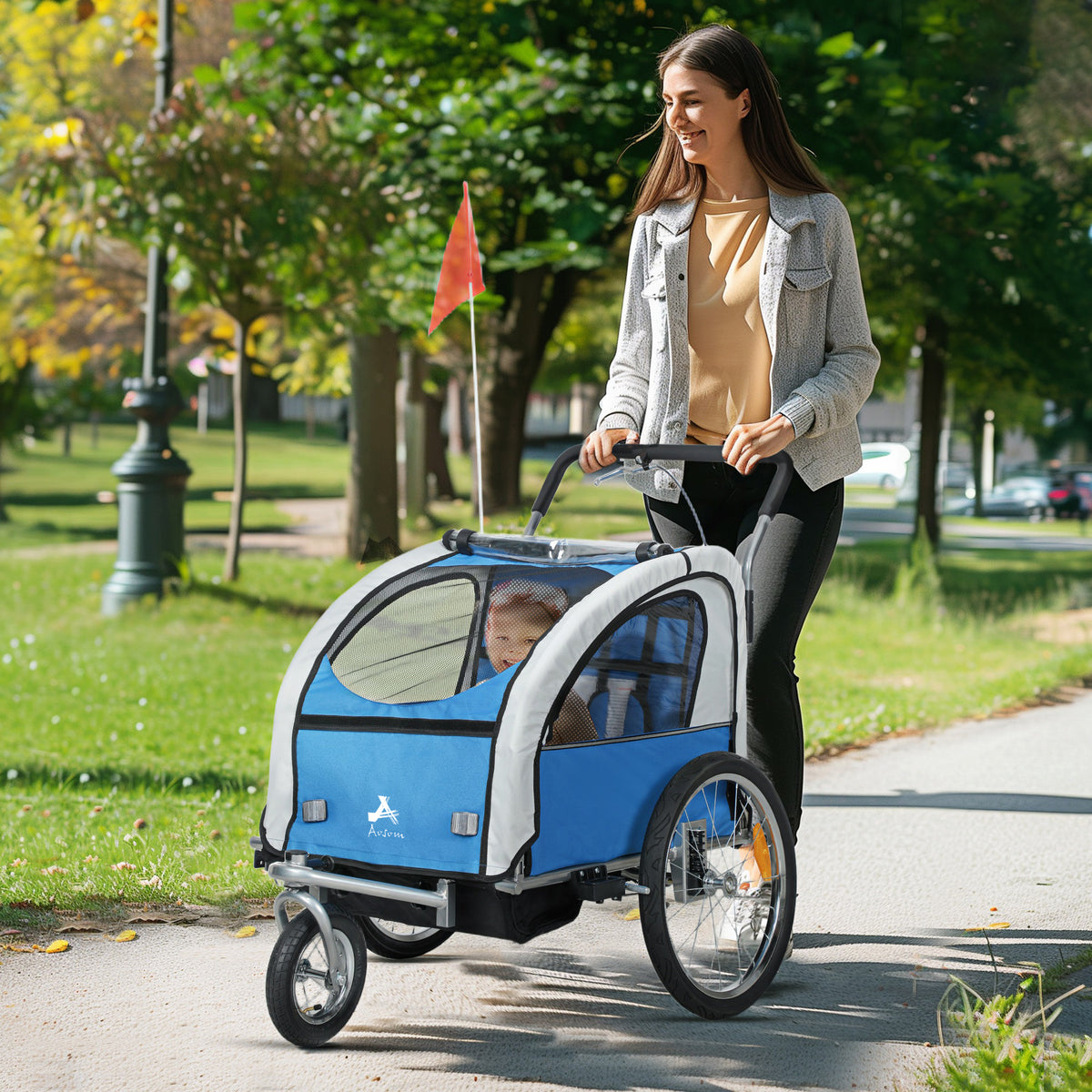 Aosom 2-in-1 Bike Trailer for Kids, Foldable 2-Seat Baby Stroller with 5-Point Harness, Rubber Wheels, Storage Bag