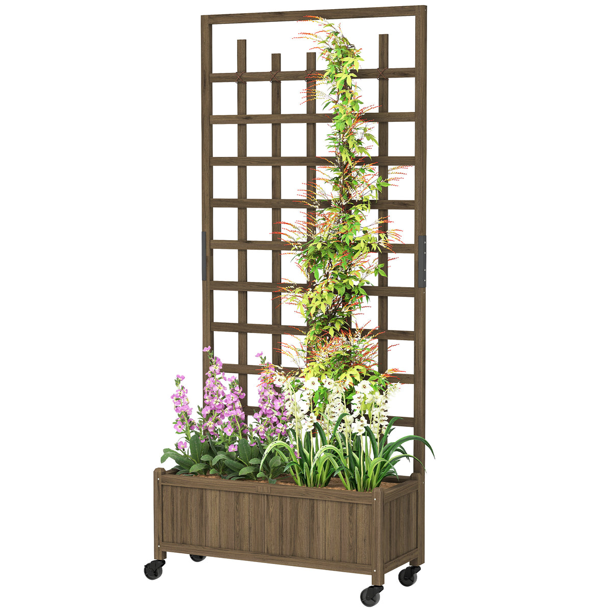 Wooden Planter with Trellis, Raised Garden Bed with Wheels, Drainage Holes for Climbing Plants, Flowers, Brown