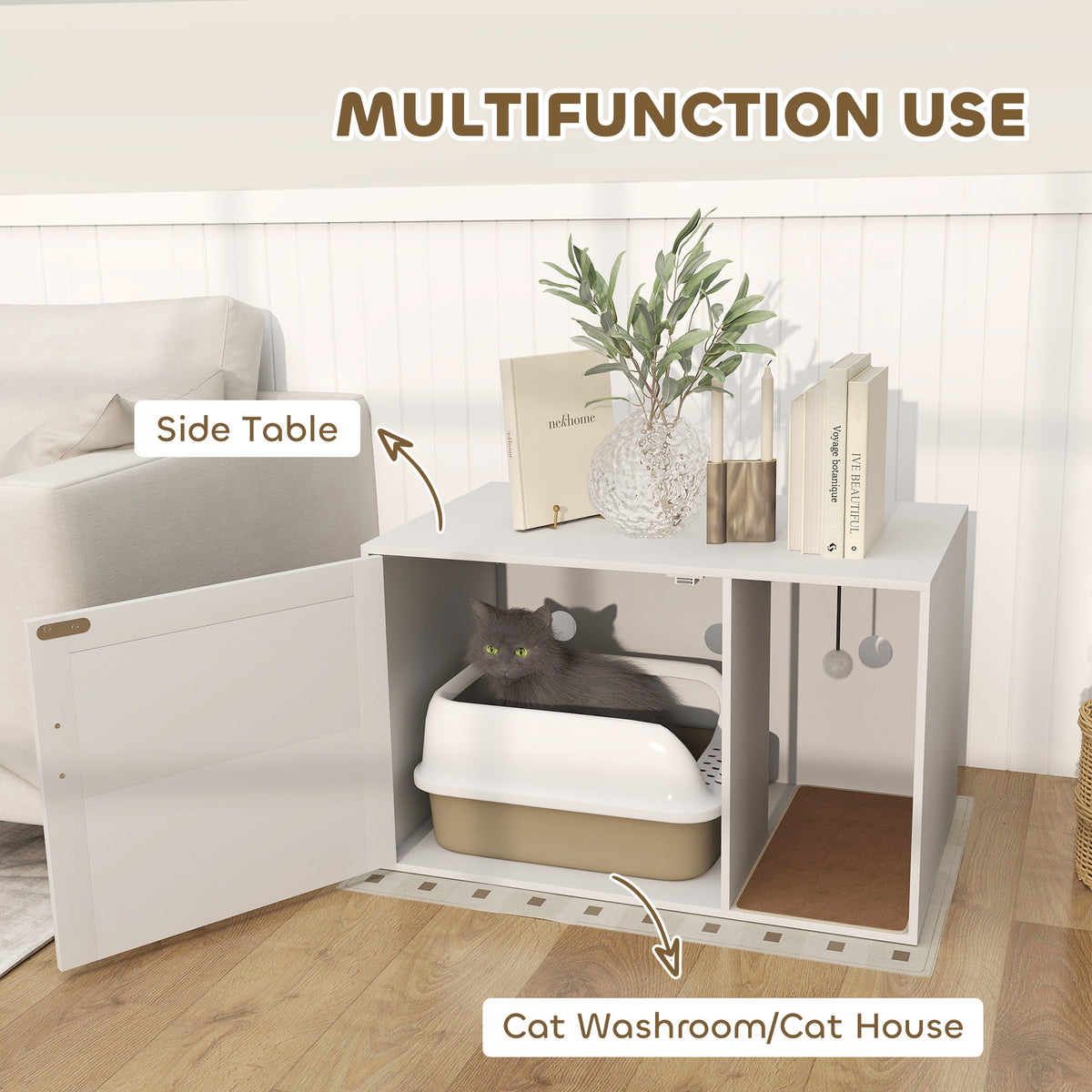 Cat Litter Box Enclosure, Cat Washroom End Side Table with Rattan Door, Scratching Pad, Non-slip Foot Pads – view 10