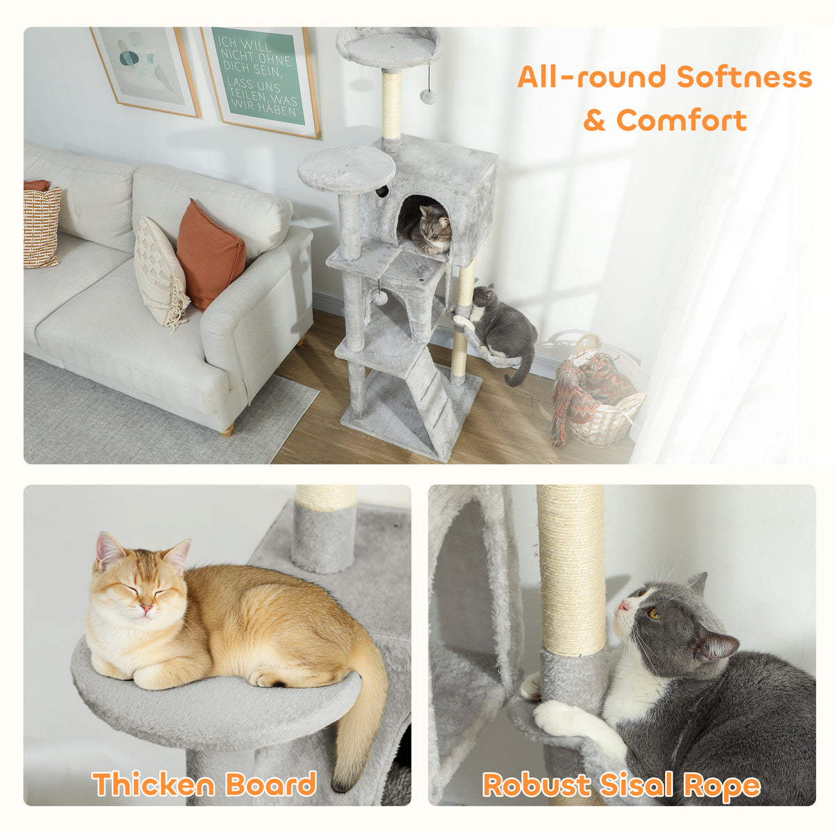63 Inch Cat Tree with Sisal Scratching Posts, Condos, Plush Perches, Hammock, Ladder, Dangling Balls, Beige – view 20