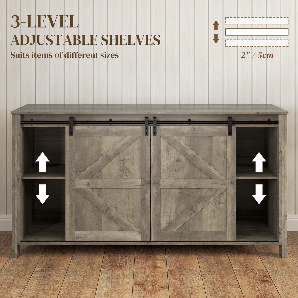 60" Buffet Cabinet, Farmhouse Sideboard with Sliding Barn Doors, Drawers and Adjustable Shelves, Cream White – view 12
