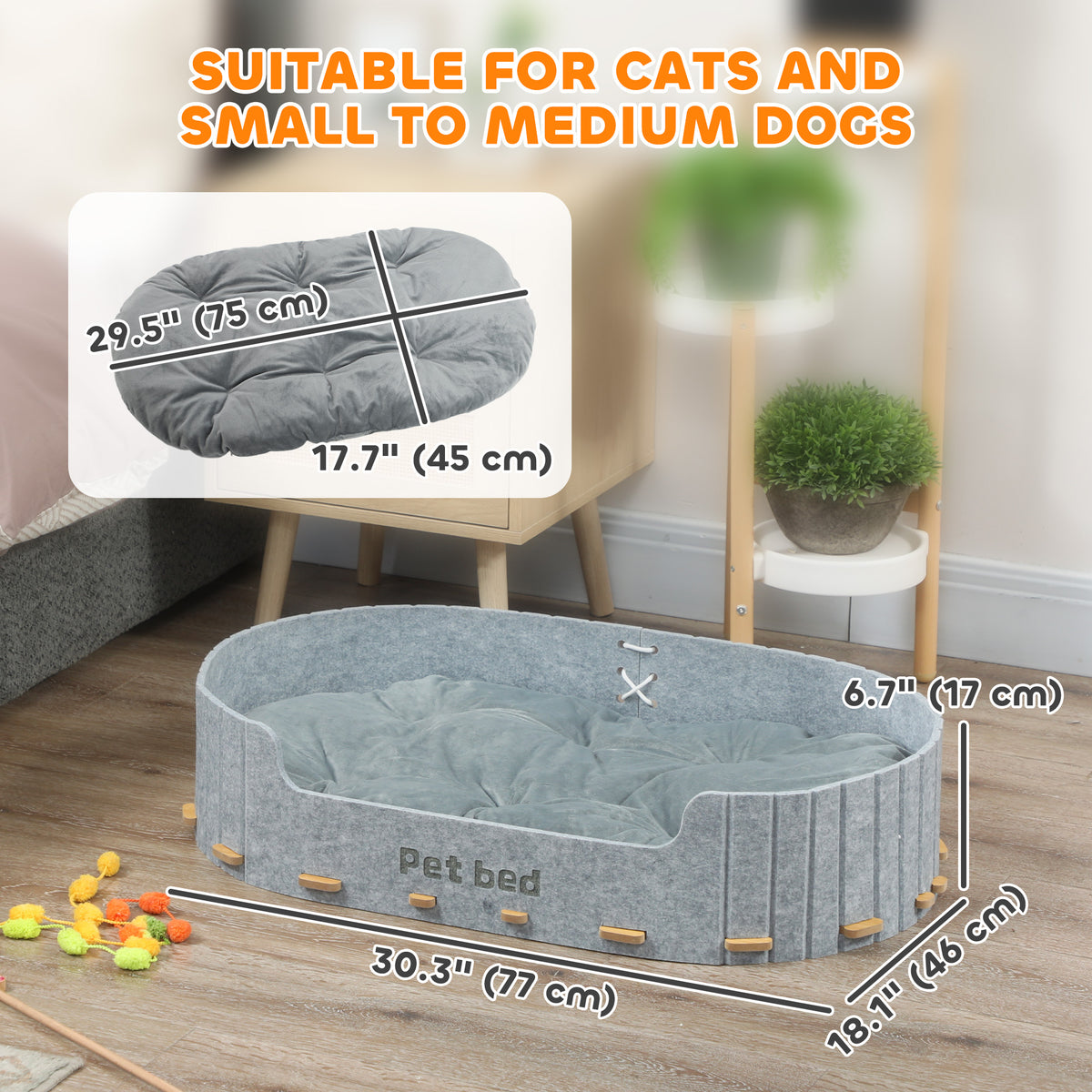 Dog Bed, Cat Bed with Washable Removable Cushion, Scratch-Resistant, Felt Cat Couch Sofa for Small Medium Dogs, Grey