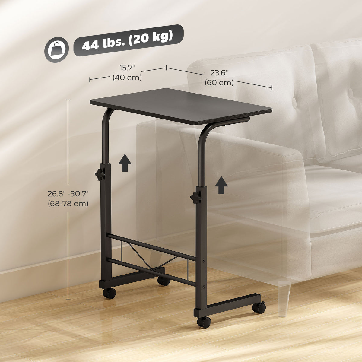 Mobile Standing Desk with Adjustable Height, 23.5 inch Stand Up Desk with Wheels, Natural Wood