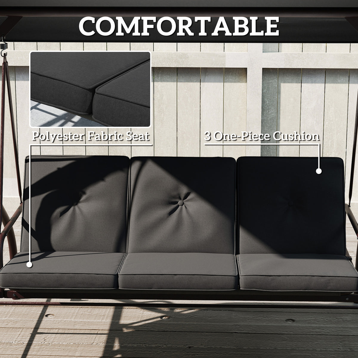Convertible Patio Swing Bed with Canopy and Cushions, 3 Seater Porch Swing for Outdoor, Backyard, Garden – view 6