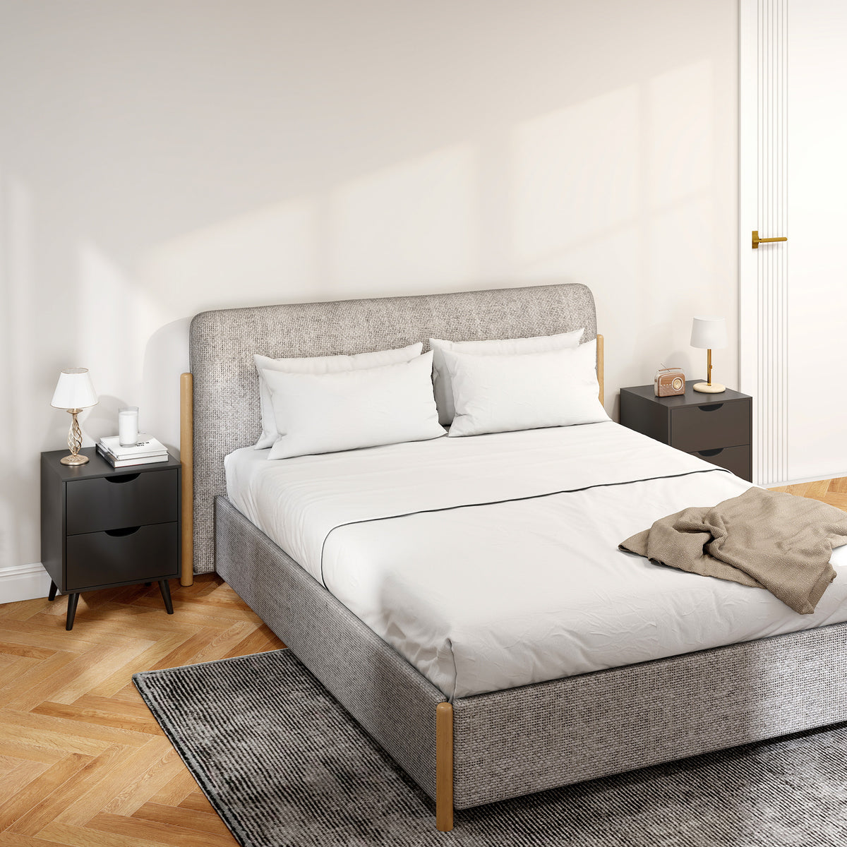 Modern Bedside Table, Nightstand with 2 Drawers and Pine Wood Legs for Bedroom, Living Room, White – view 21