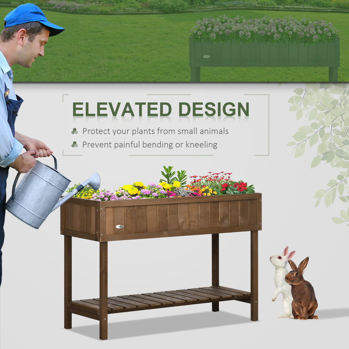 43.25" x 18" x 30" Raised Garden Bed, Wooden Plant Stand with 8 Grid Box, Storage Shelf for Outdoor, Natural Wood Colour
