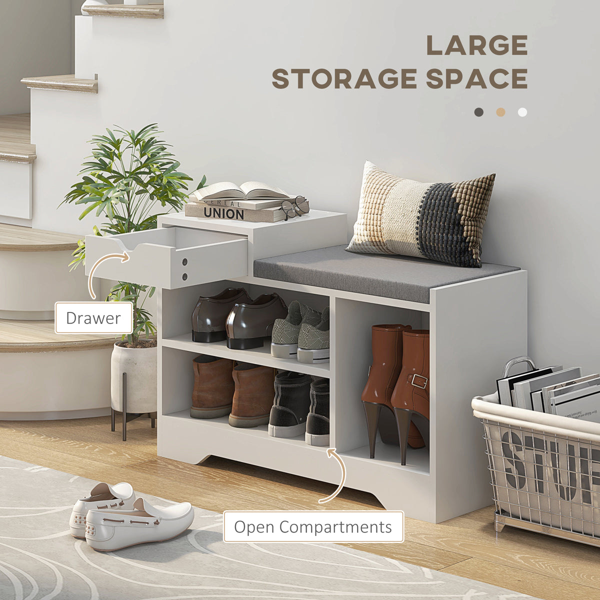 Upholstered Shoe Storage Bench, Hallway Shoe Storage with Seat, Drawer, 3 Open Shelves for Entryway, Grey – view 17